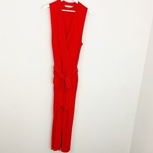 Trina Turk size S Red Sleeveless V-neck Jumpsuit with Waist Tie Romper Pants